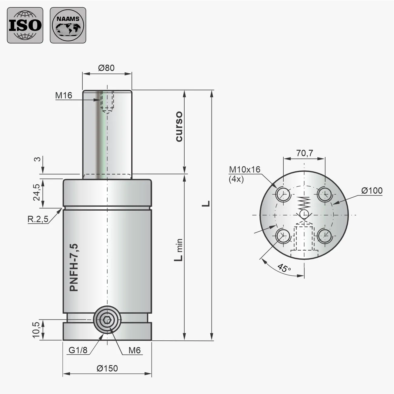 Desenho técnico do cilindro PNFH-7,5