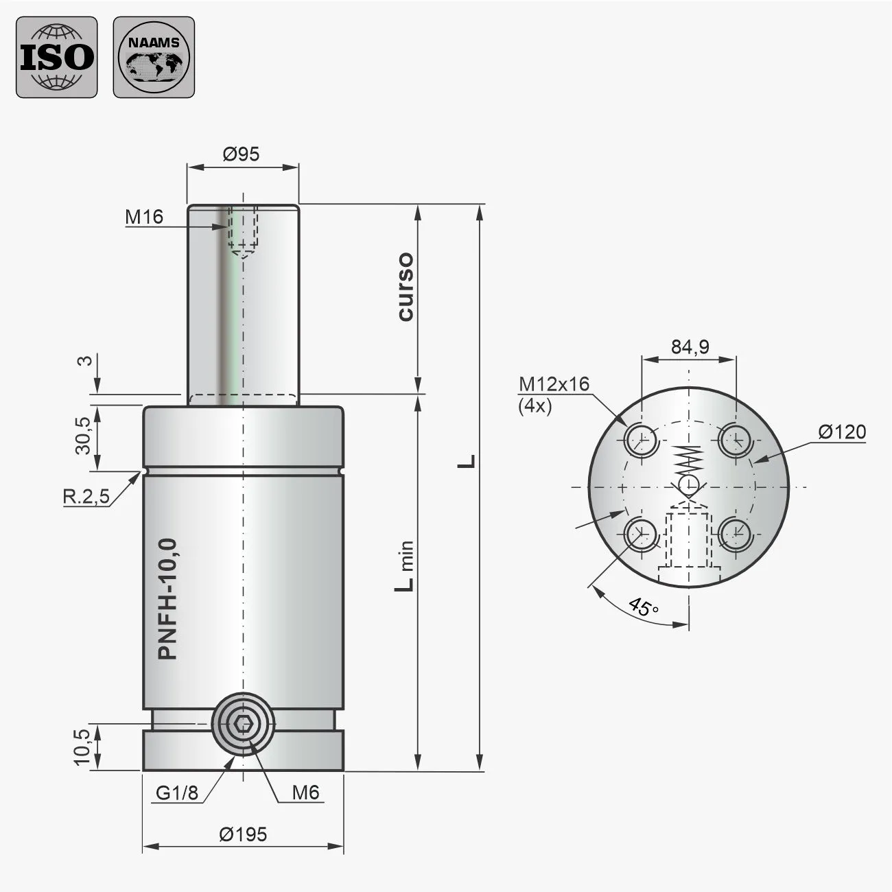 Desenho técnico do cilindro PNFH-10,0