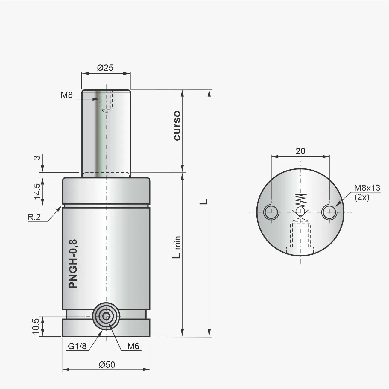 Desenho técnico do cilindro PNGH-0,8