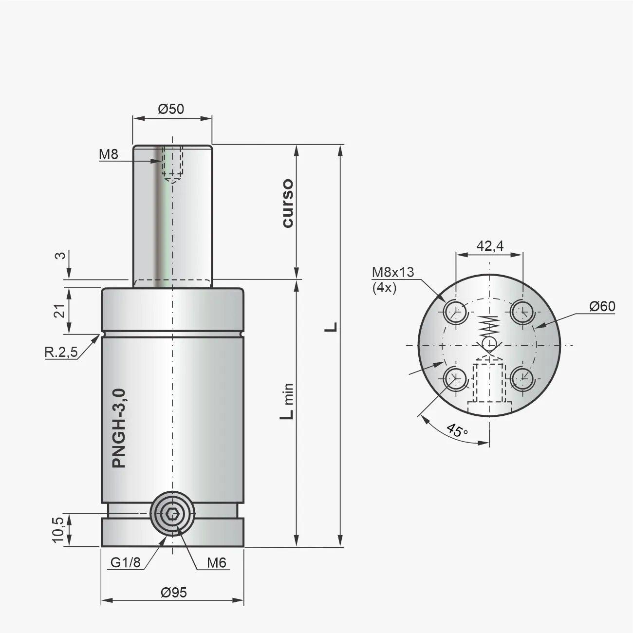 Desenho técnico do cilindro PNGH-3,0
