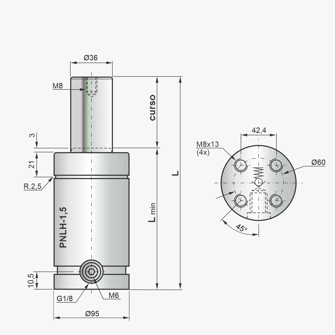 Desenho técnico do cilindro PNLH-1,5