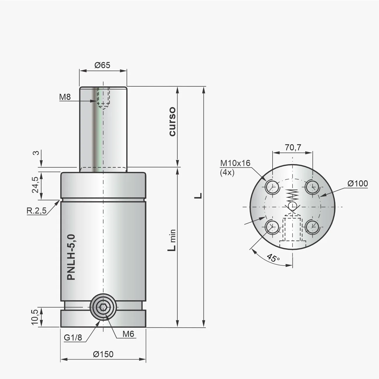 Desenho técnico do cilindro PNLH-5,0