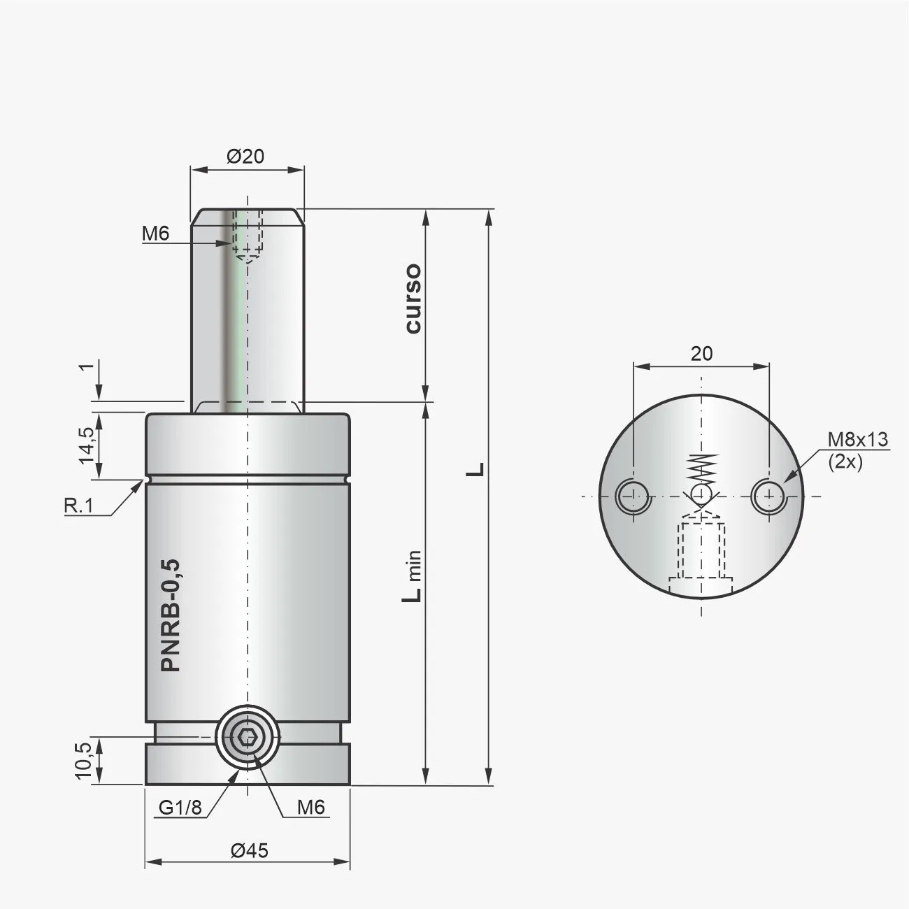Desenho técnico do cilindro PNRB-0,5