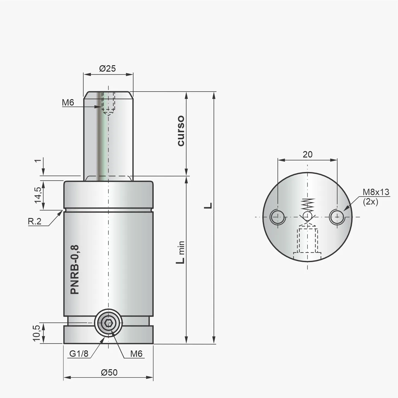 Desenho técnico do cilindro PNRB-0,8