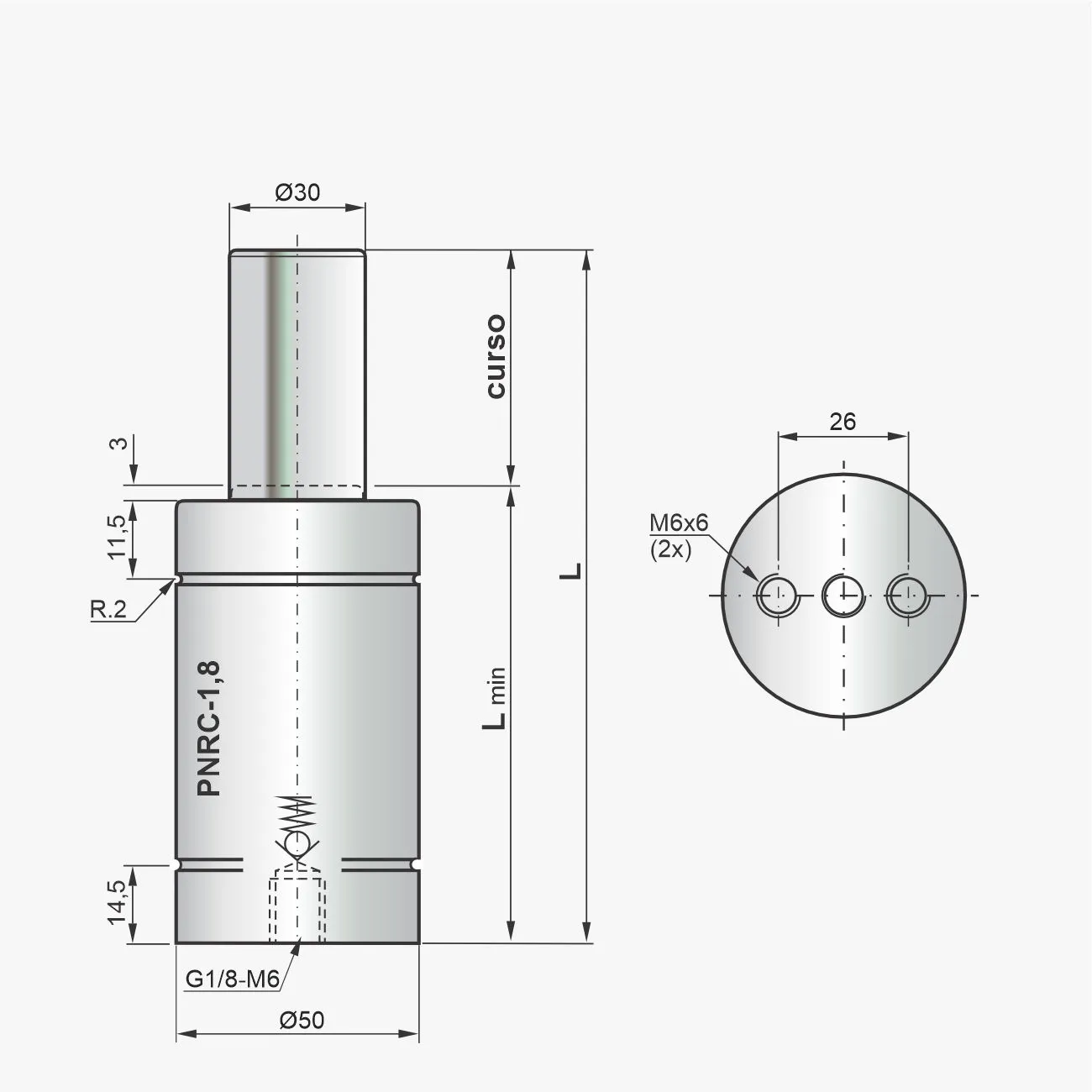 Desenho técnico do cilindro PNRC-1,8