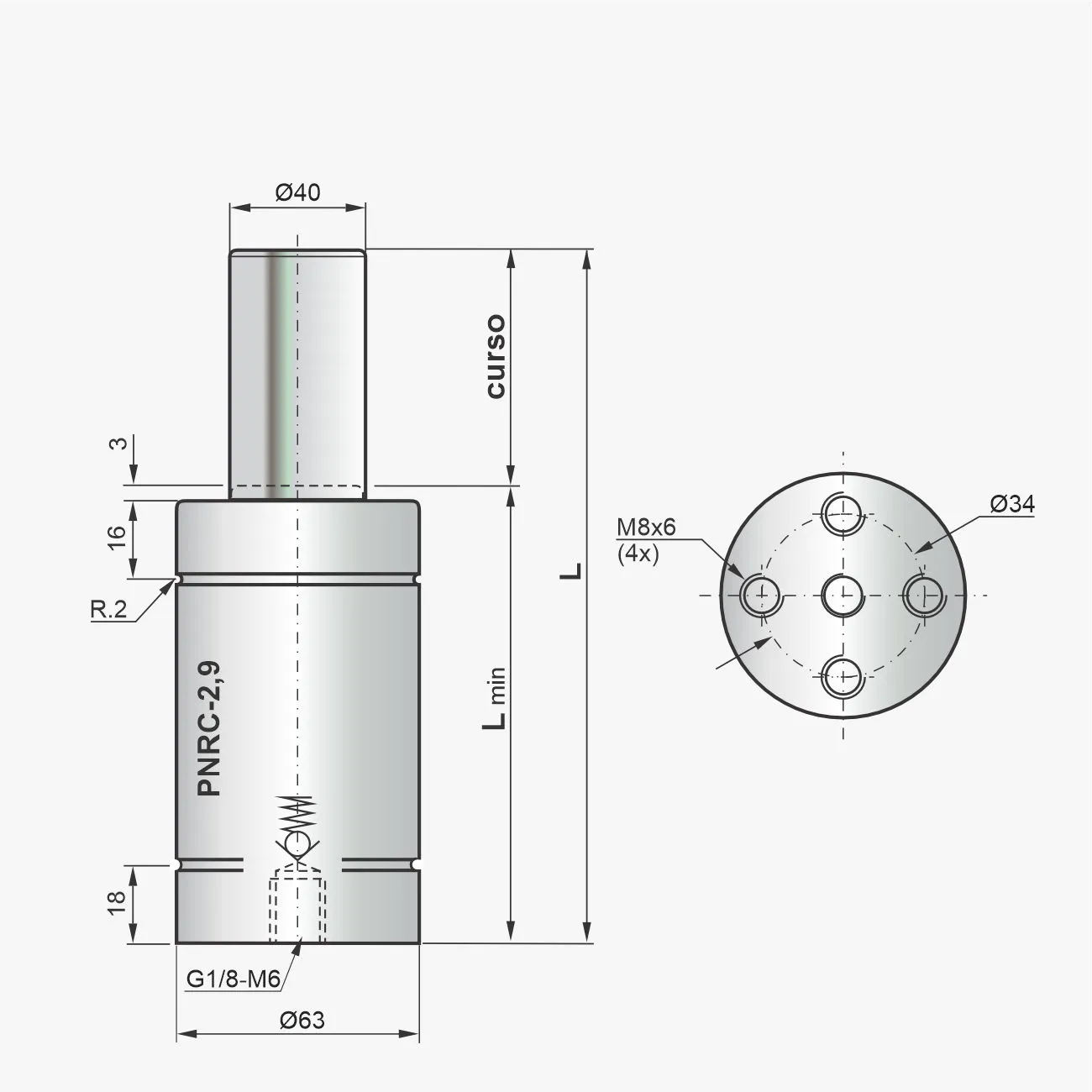 Desenho técnico do cilindro PNRC-2,9