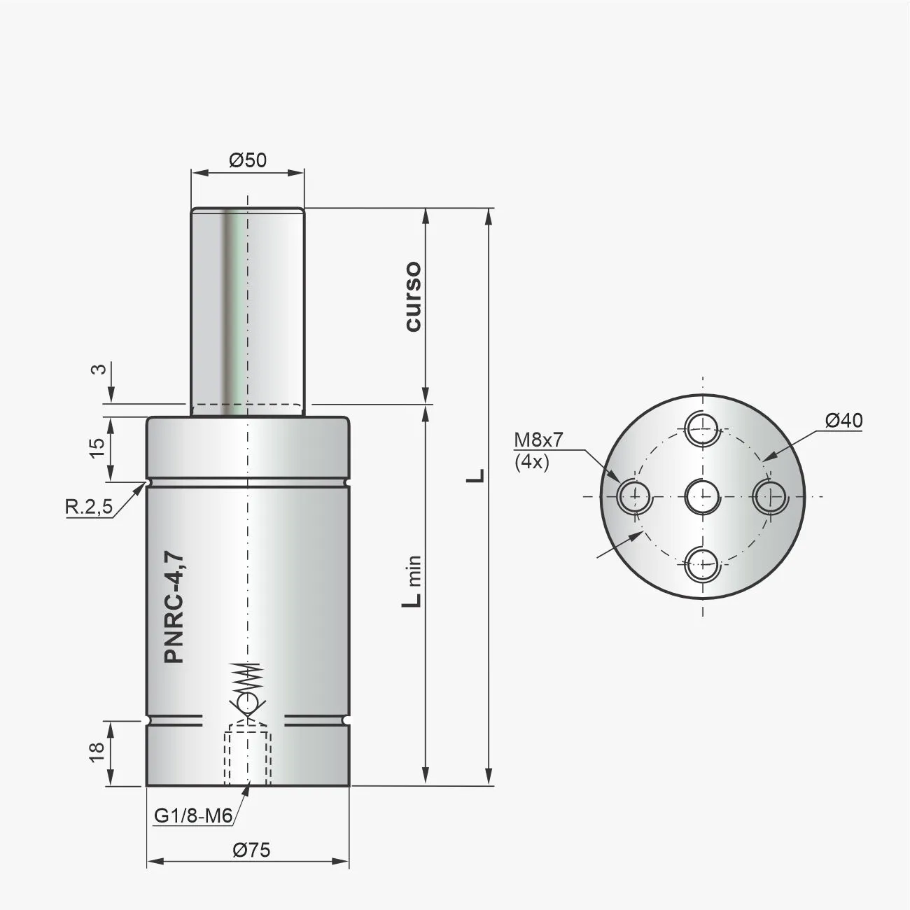 Desenho técnico do cilindro PNRC-4,7