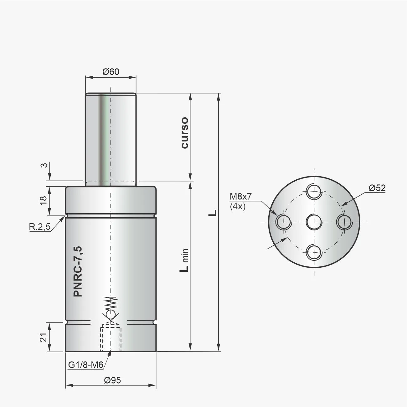 Desenho técnico do cilindro PNRC-7,5