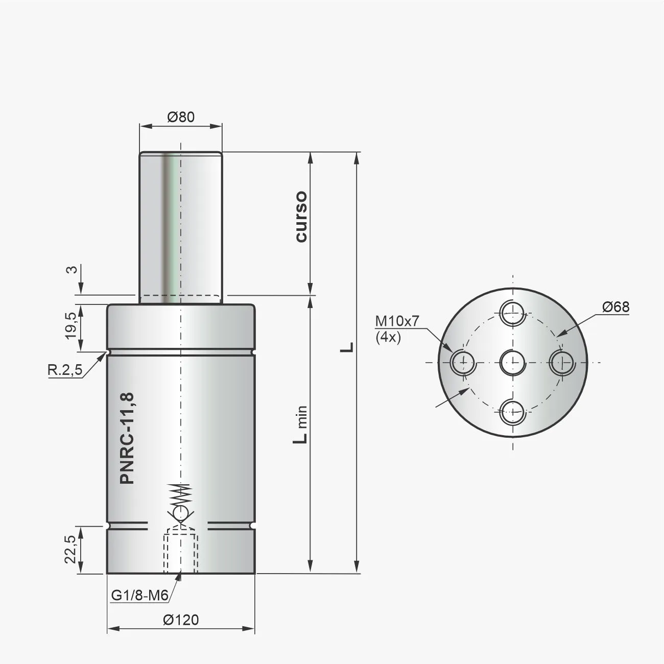 Desenho técnico do cilindro PNRC-11,8