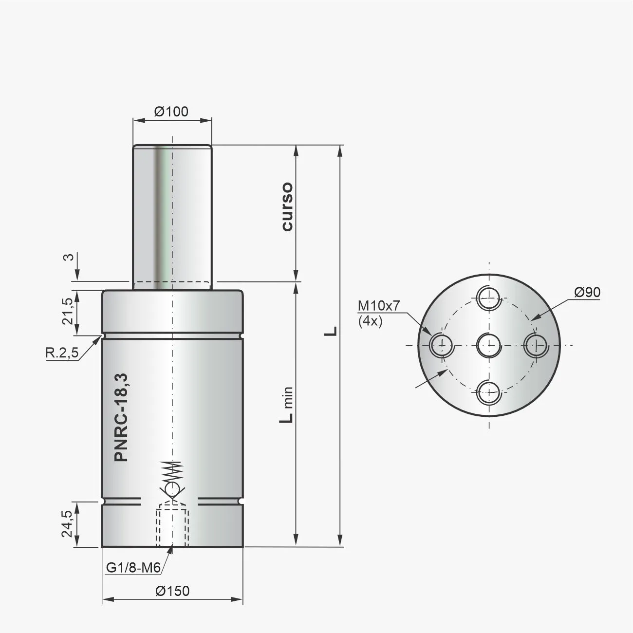 Desenho técnico do cilindro PNRC-18,3