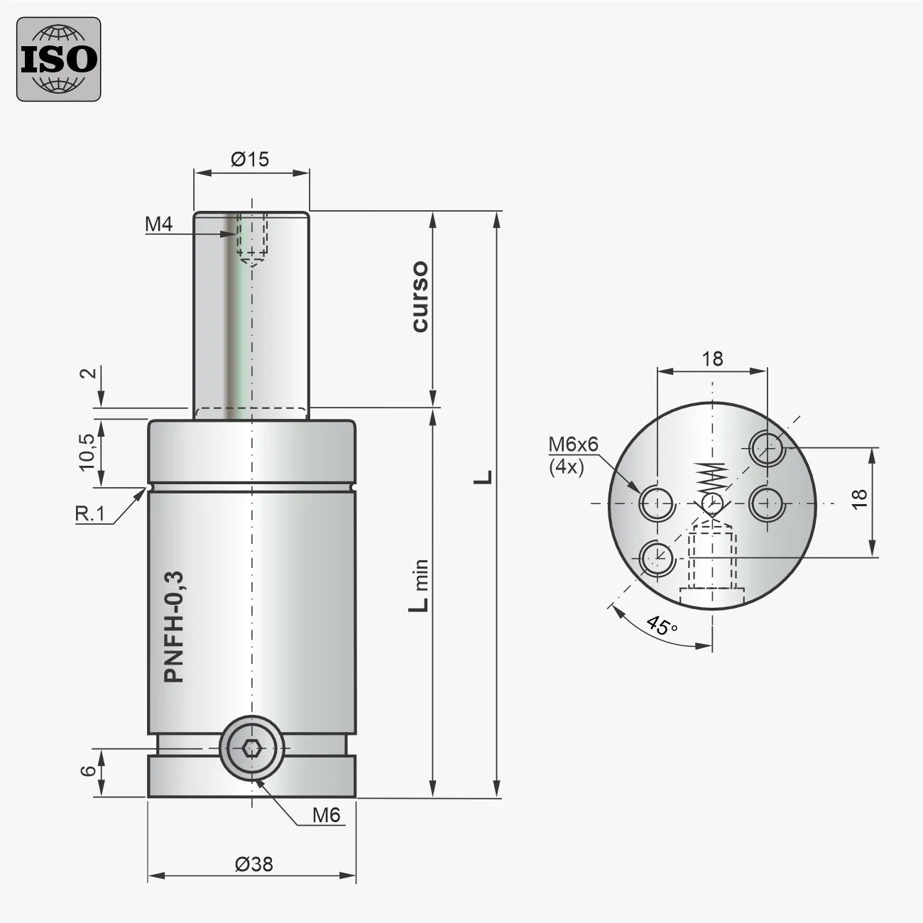 Desenho técnico do cilindro PNFH-0,3