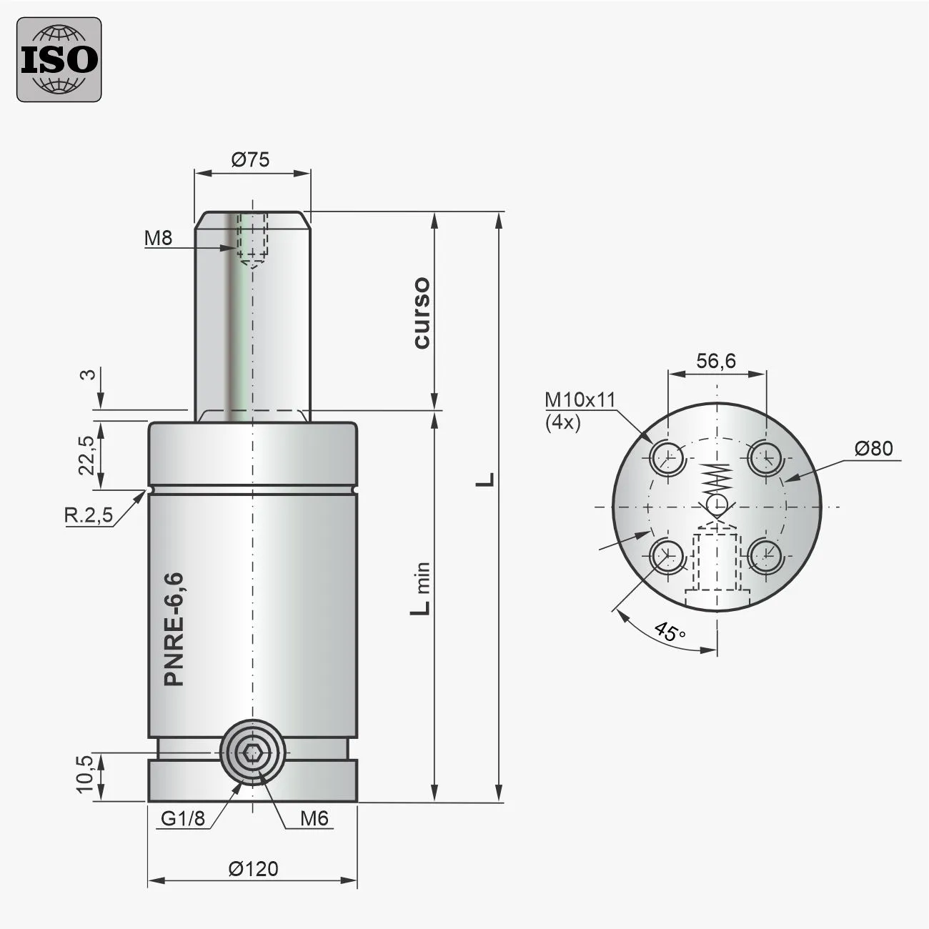 Desenho técnico do cilindro PNRE-6,6
