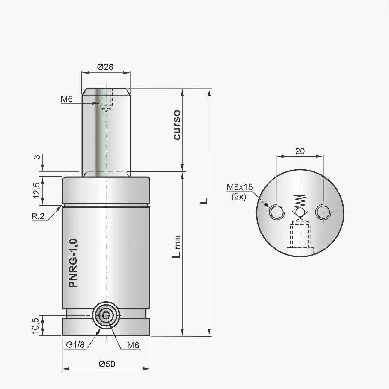 Desenho técnico do cilindro PNRG-1,0