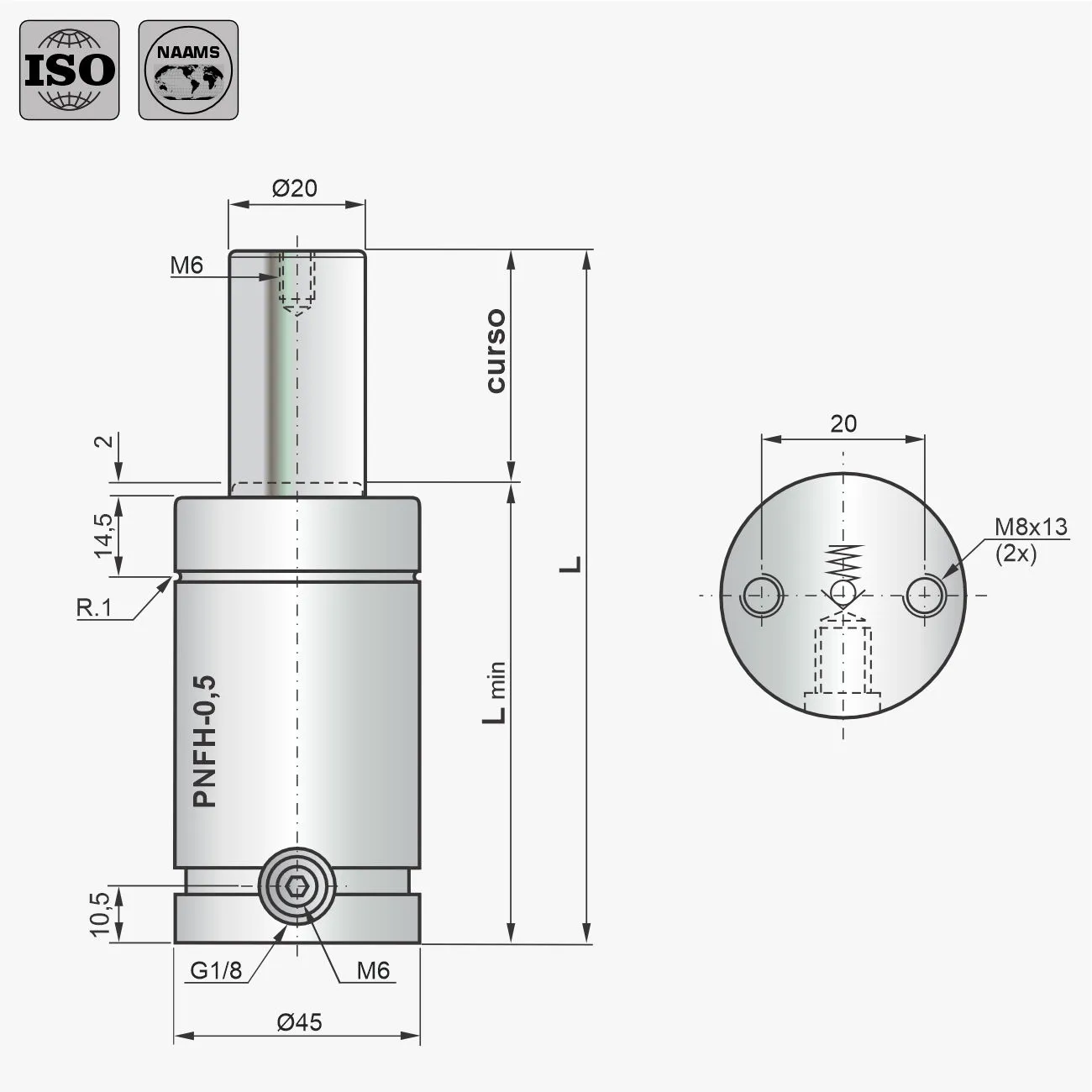 Desenho técnico do cilindro PNFH-0,5