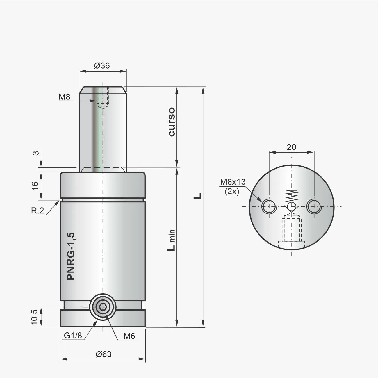 Desenho técnico do cilindro PNRG-1,5