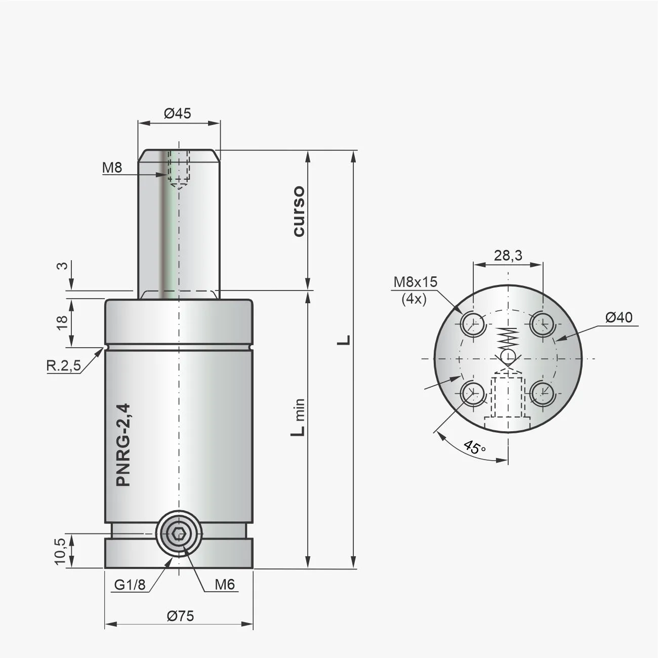 Desenho técnico do cilindro PNRG-2,4