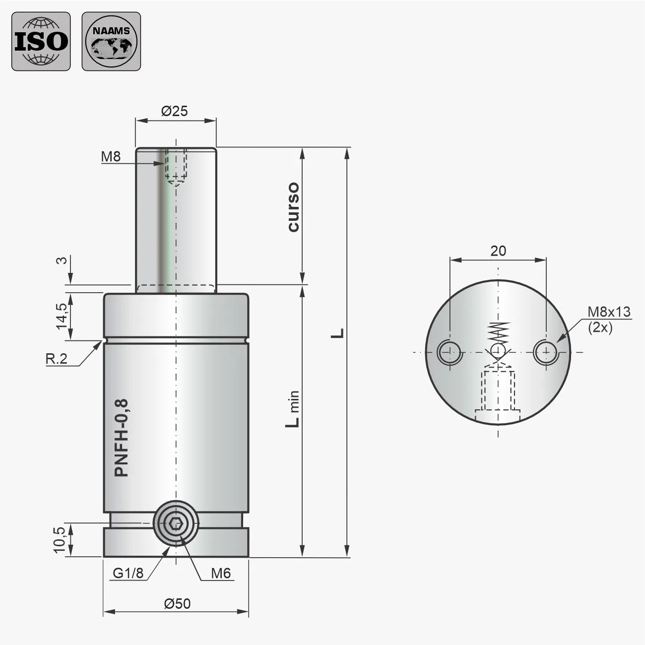 Desenho técnico do cilindro PNFH-0,8