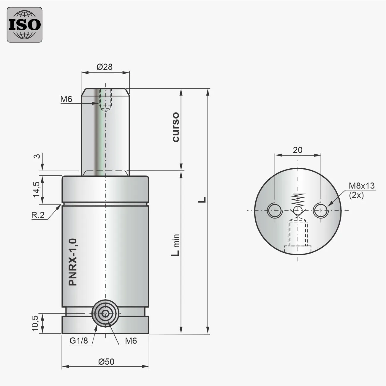 Desenho técnico do cilindro PNRX-1,0