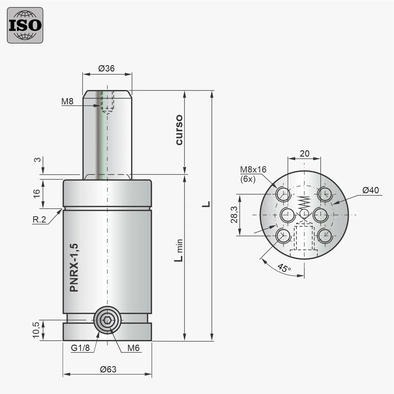 Desenho técnico do cilindro PNRX-1,5