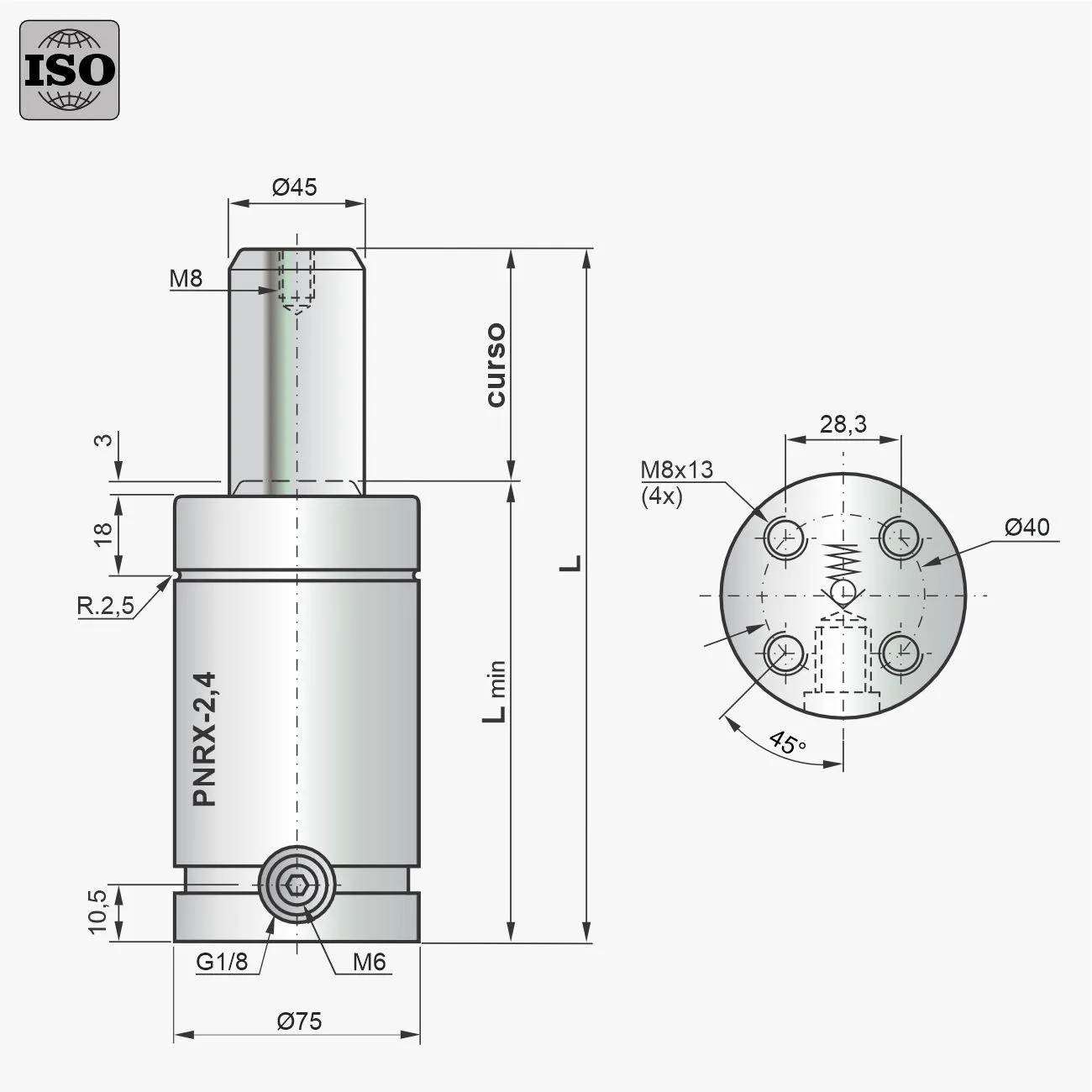 Desenho técnico do cilindro PNRX-2,4