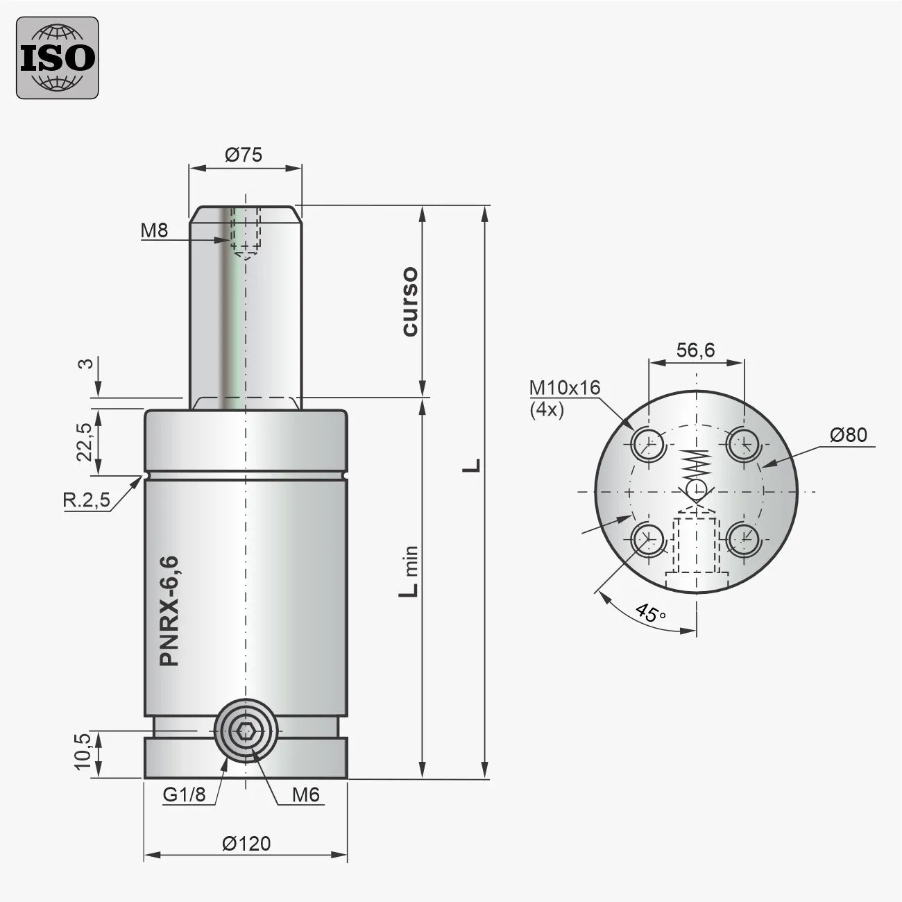 Desenho técnico do cilindro PNRX-6,6