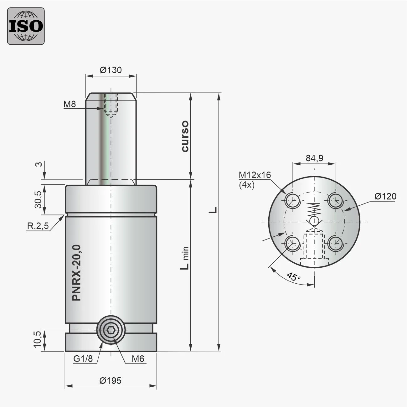 Desenho técnico do cilindro PNRX-20,0