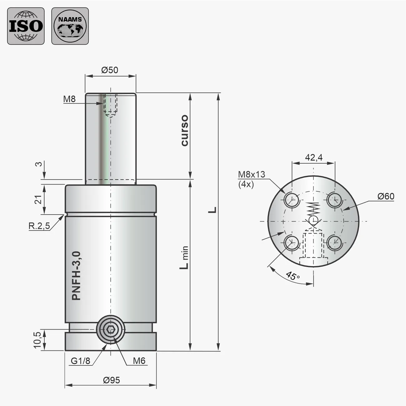 Desenho técnico do cilindro PNFH-3,0